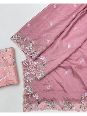 Designer Rose Pink Satin Saree With Floral Thread Embroidery & Sparkling Sequins Work - Image 2