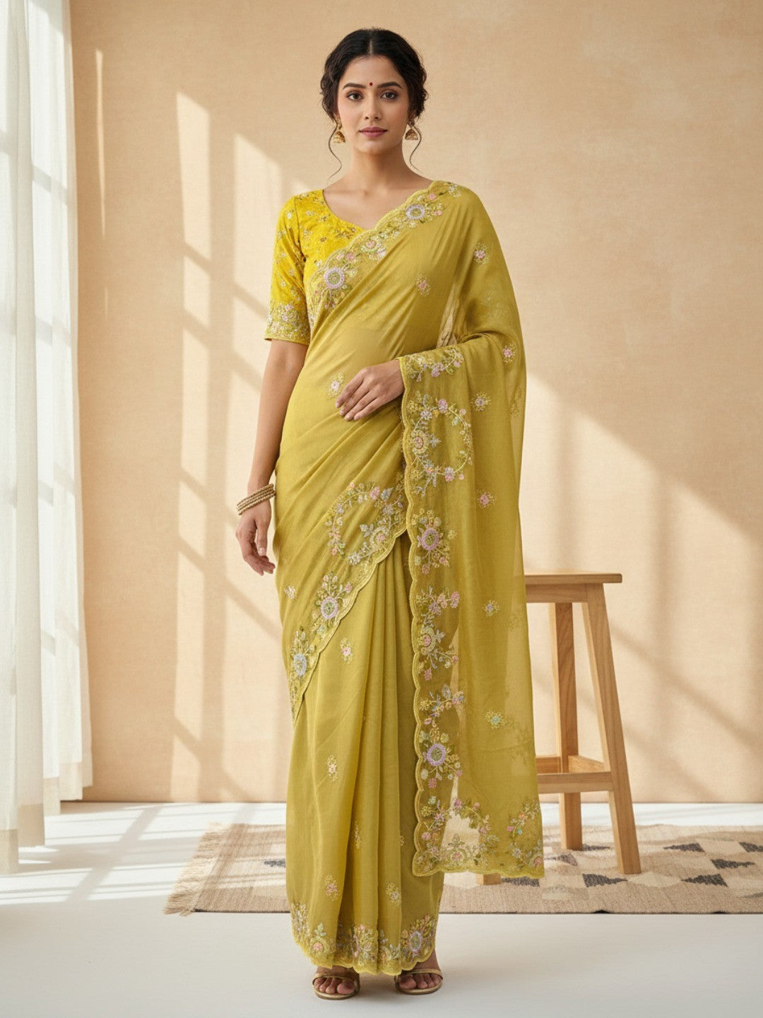 Designer Lemon Yellow Satin Saree With Floral Thread Embroidery & Sparkling Sequins Work - Image 1
