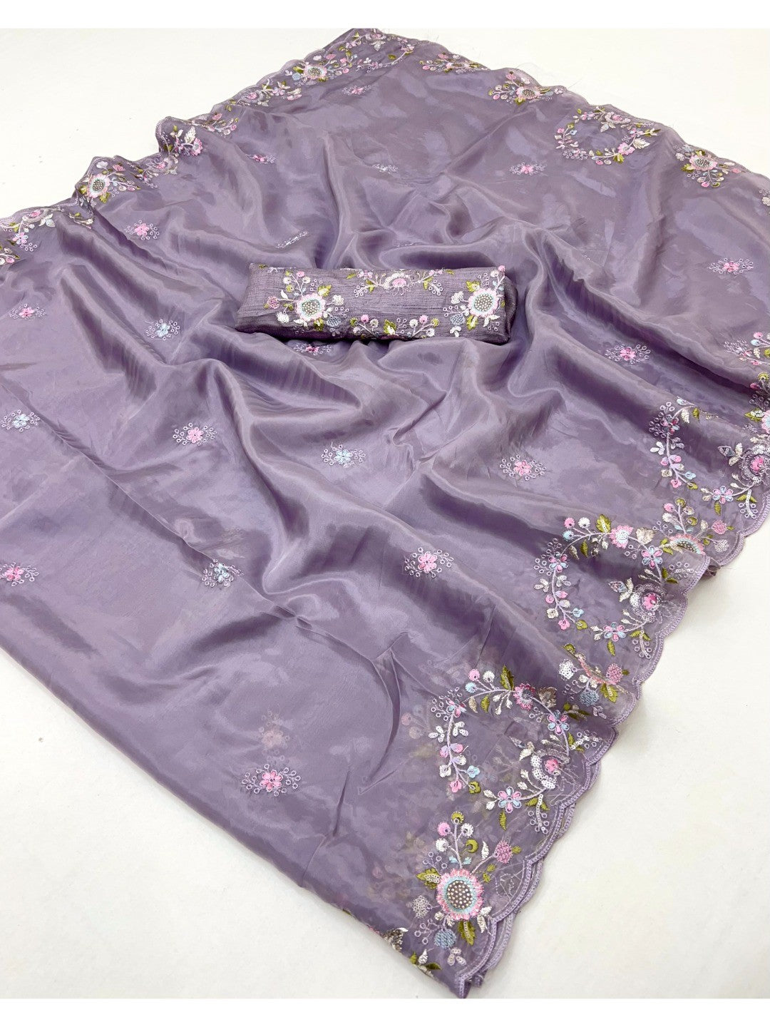 Designer Lavender Satin Saree With Floral Thread Embroidery & Sparkling Sequins Work - Image 2