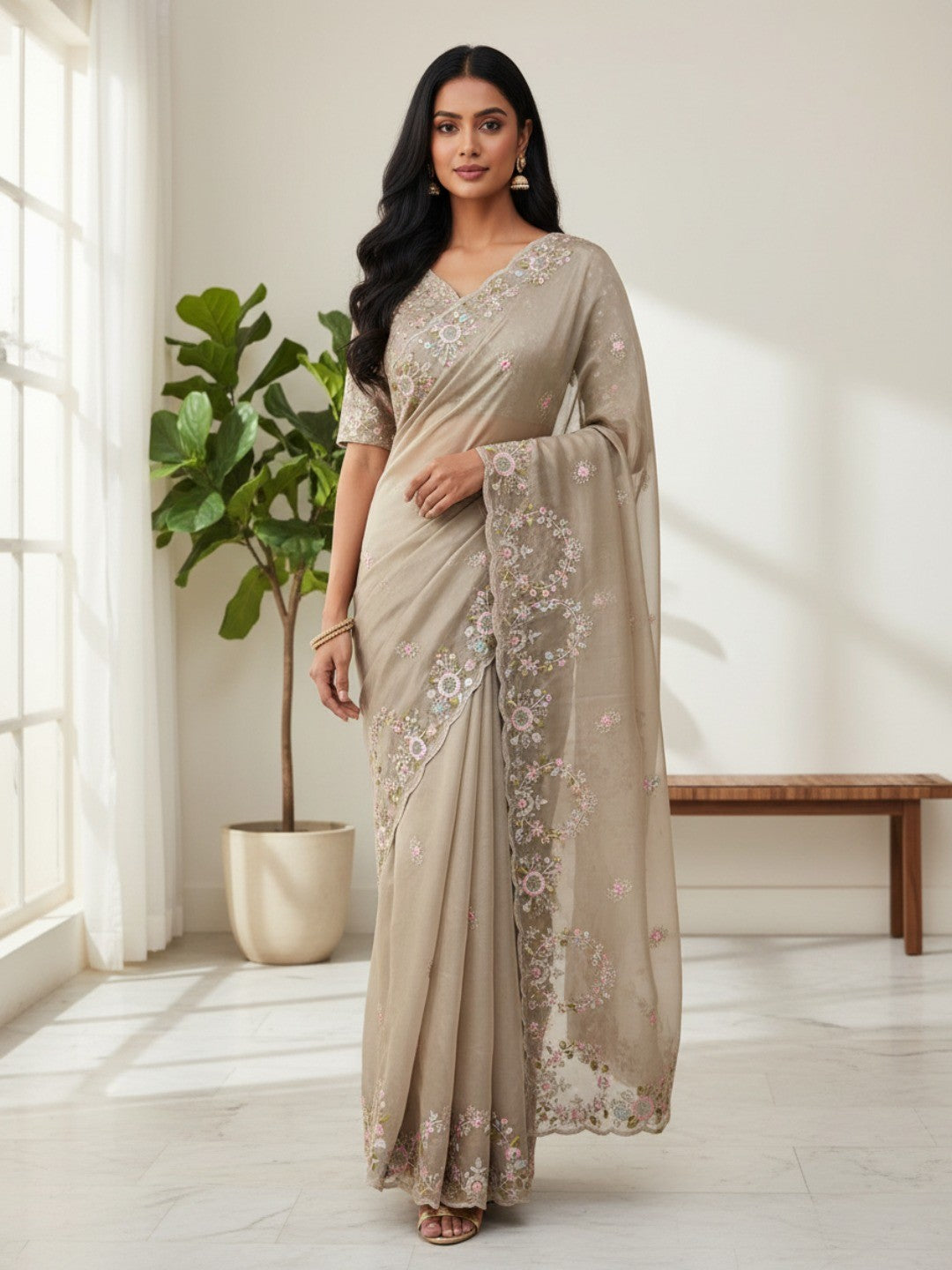 Designer Taupe Satin Saree With Floral Thread Embroidery & Sparkling Sequins Work - Image 1