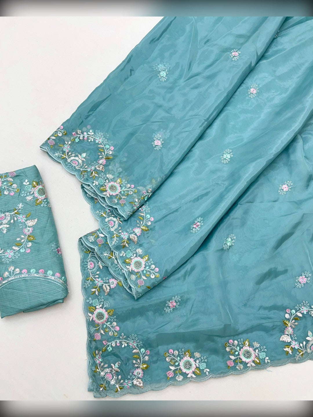 Designer Aqua Teal Satin Saree With Floral Thread Embroidery & Sparkling Sequins Work - Image 2