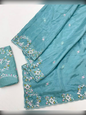 Designer Aqua Teal Satin Saree With Floral Thread Embroidery & Sparkling Sequins Work - Image 2