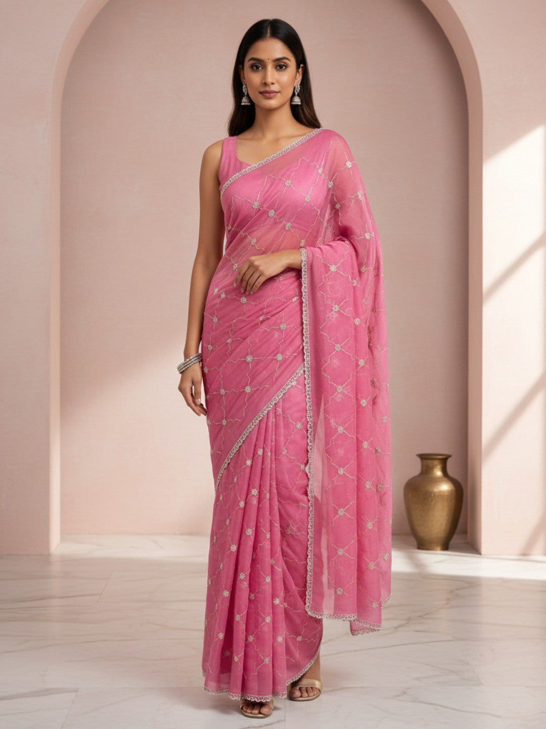 Elegant Rose Pink Chiffon Saree Adorned With Sequins Beads & Stone Embellished Work - Image 1