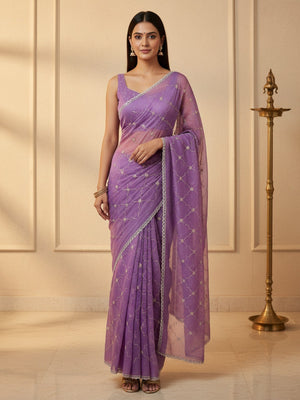 Elegant Lavender Chiffon Saree Adorned With Sequins Beads & Stone Embellished Work - Image 1