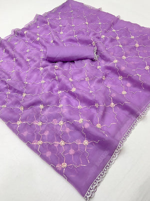 Elegant Lavender Chiffon Saree Adorned With Sequins Beads & Stone Embellished Work - Image 2