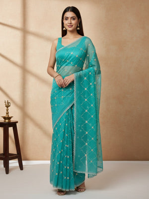 Elegant Turquoise Chiffon Saree Adorned With Sequins Beads & Stone Embellished Work - Image 1