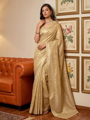 Elegant Cream Paisley & Floral Zari Weaving Tissue Saree With Tassel Pallu - Image 1