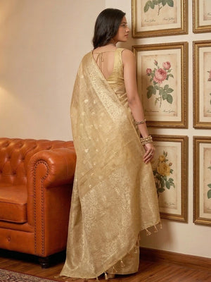 Elegant Cream Paisley & Floral Zari Weaving Tissue Saree With Tassel Pallu - Image 2