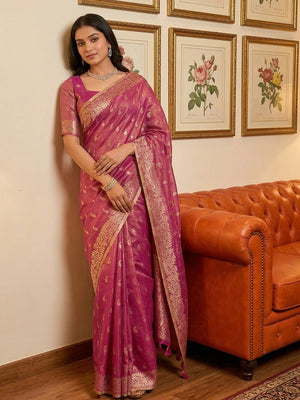 Wine Tissue Saree with Intricate Golden Zari Detailing - Image 1