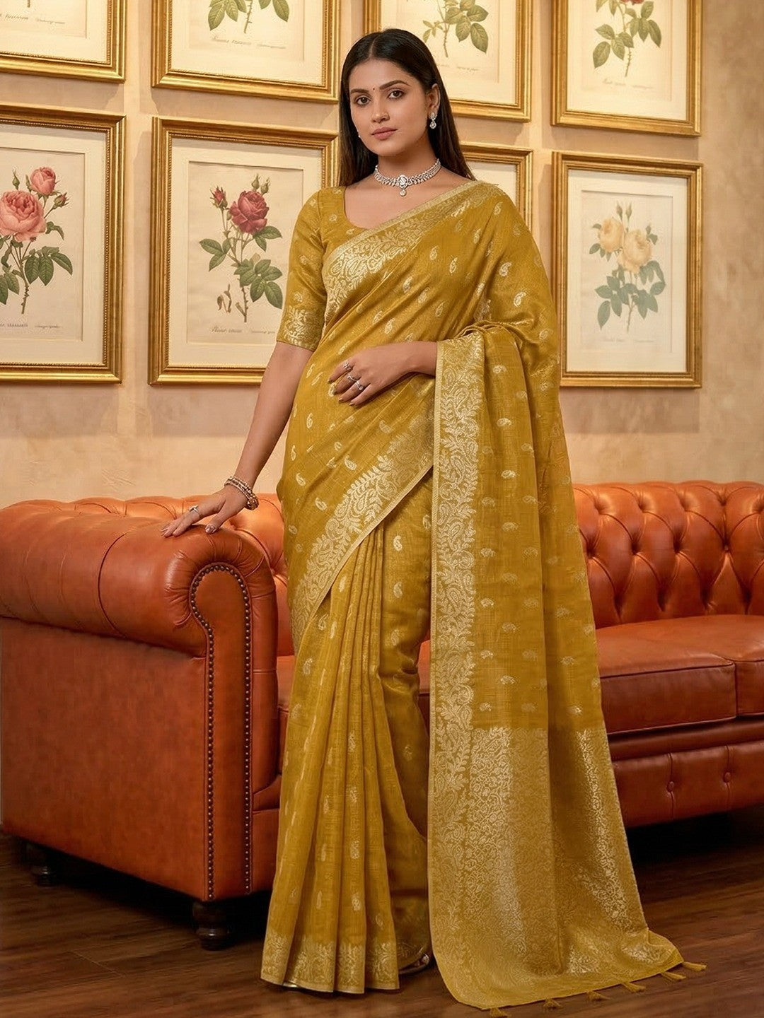 Mustard Tissue Saree with Intricate Golden Zari Detailing - Image 1