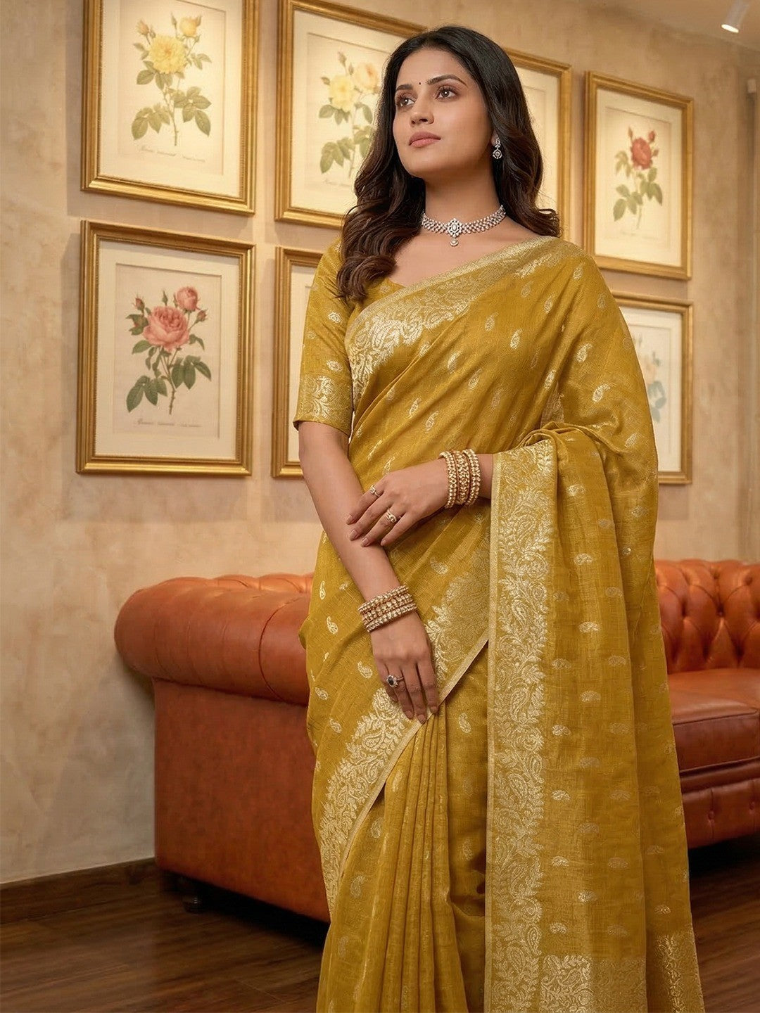 Mustard Tissue Saree with Intricate Golden Zari Detailing - Image 2