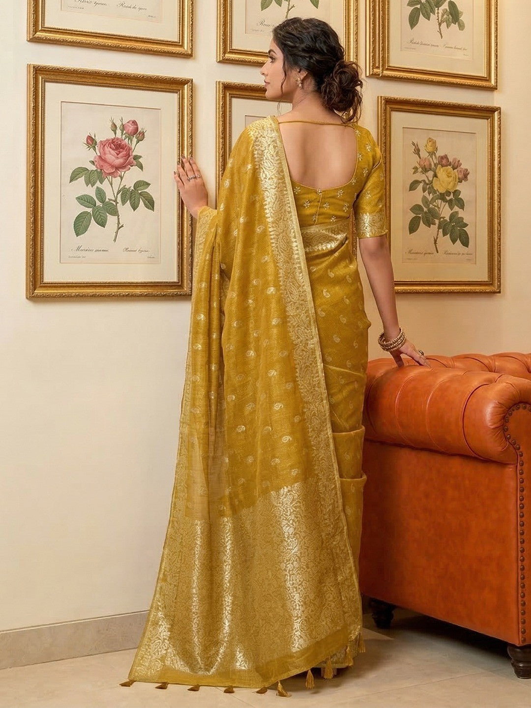 Mustard Tissue Saree with Intricate Golden Zari Detailing - Image 3