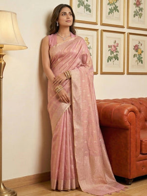 Elegant Pink Paisley & Floral Zari Weaving Tissue Saree With Tassel Pallu - Image 1