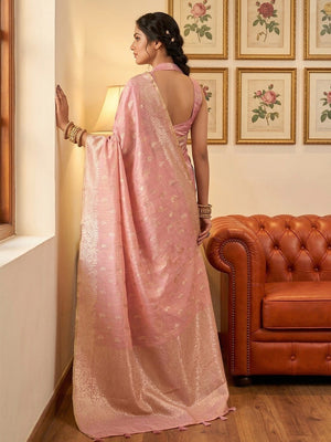 Elegant Pink Paisley & Floral Zari Weaving Tissue Saree With Tassel Pallu - Image 2