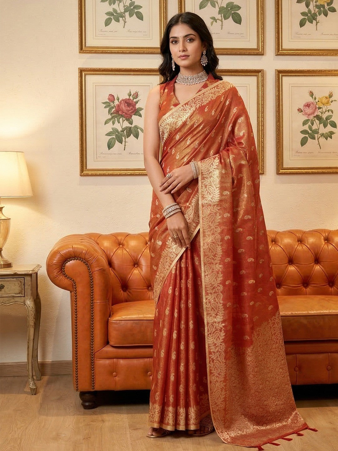 Elegant Rust Paisley & Floral Zari Weaving Tissue Saree With Tassel Pallu - Image 1