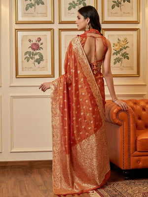Elegant Rust Paisley & Floral Zari Weaving Tissue Saree With Tassel Pallu - Image 2