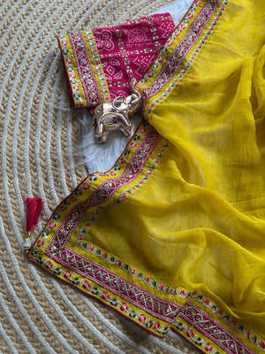 Charming Yellow Pure Silk Saree with Embroidery Work - Image 2