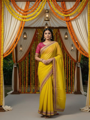 Charming Yellow Pure Silk Saree with Embroidery Work - Image 1