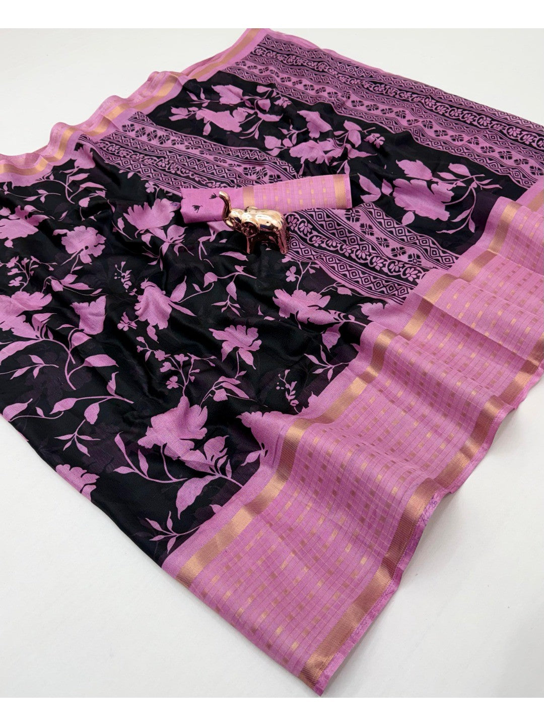 Pink Khaadi Saree with Floral Print and Golden Border - Image 2