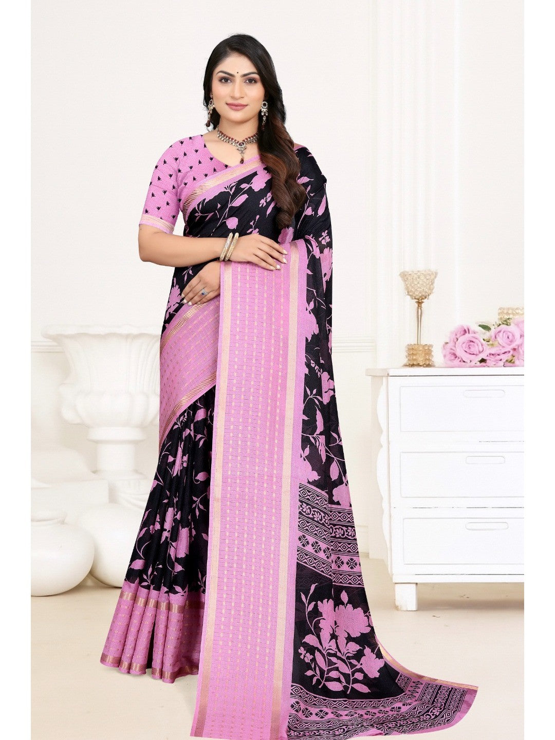 Pink Khaadi Saree with Floral Print and Golden Border - Image 1