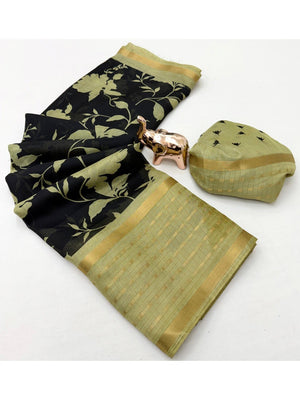Elegant Green Khaadi Saree with Floral Print and Golden Border - Image 2