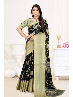 Elegant Green Khaadi Saree with Floral Print and Golden Border - Image 1