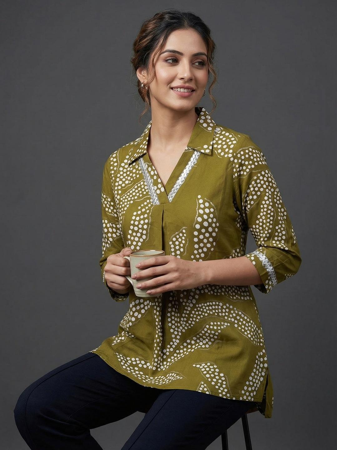 Green Rayon Top with White Print and Silver Detailing - Image 3