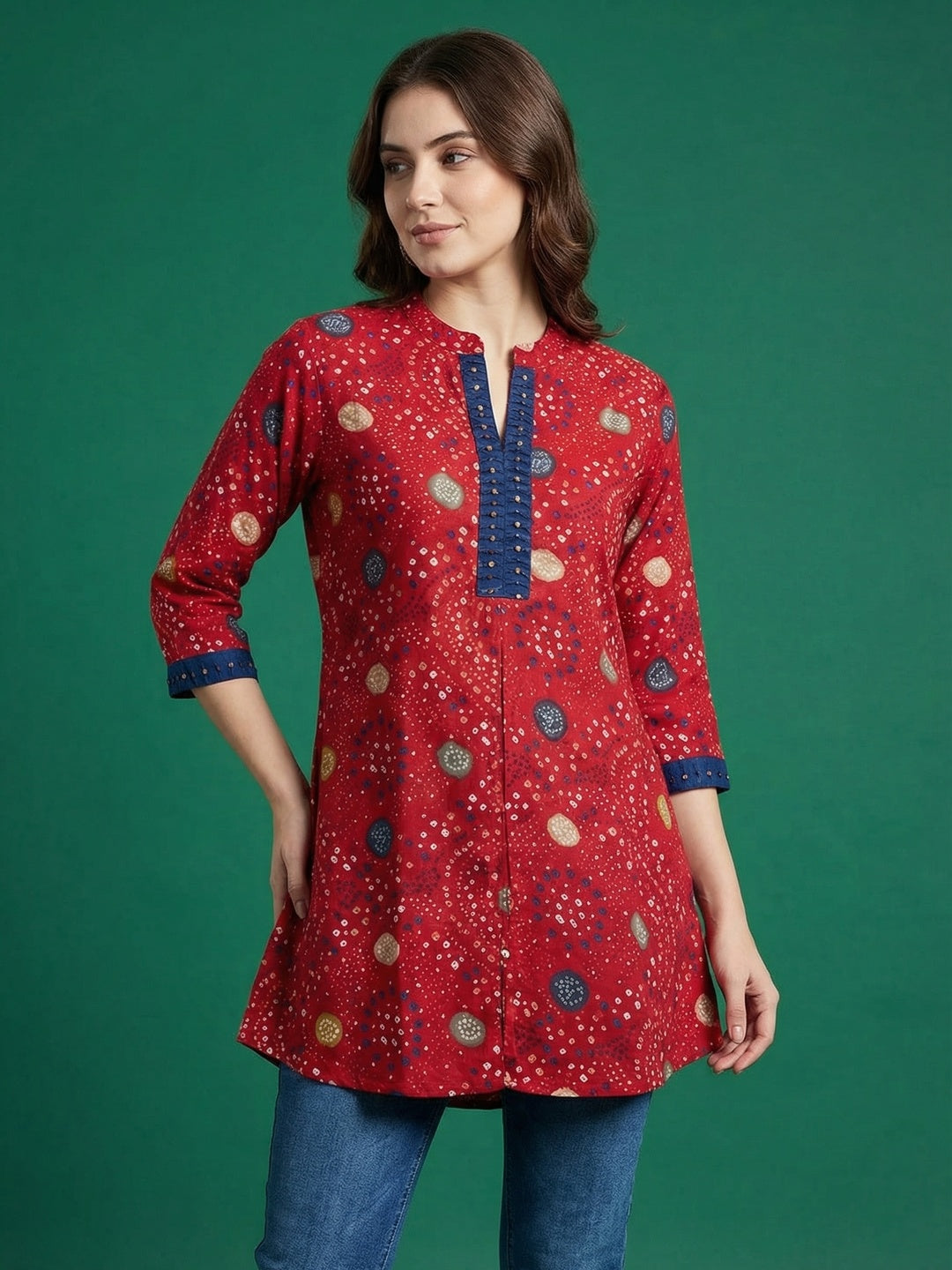 Red Bandhani Printed Rayon A-Line Top with Mandarin Collar - Image 1