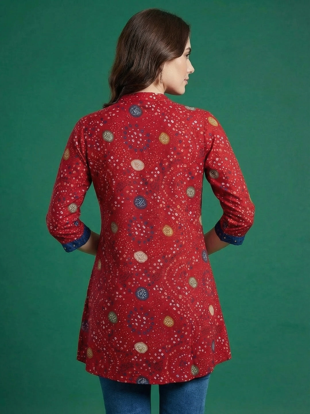 Red Bandhani Printed Rayon A-Line Top with Mandarin Collar - Image 4