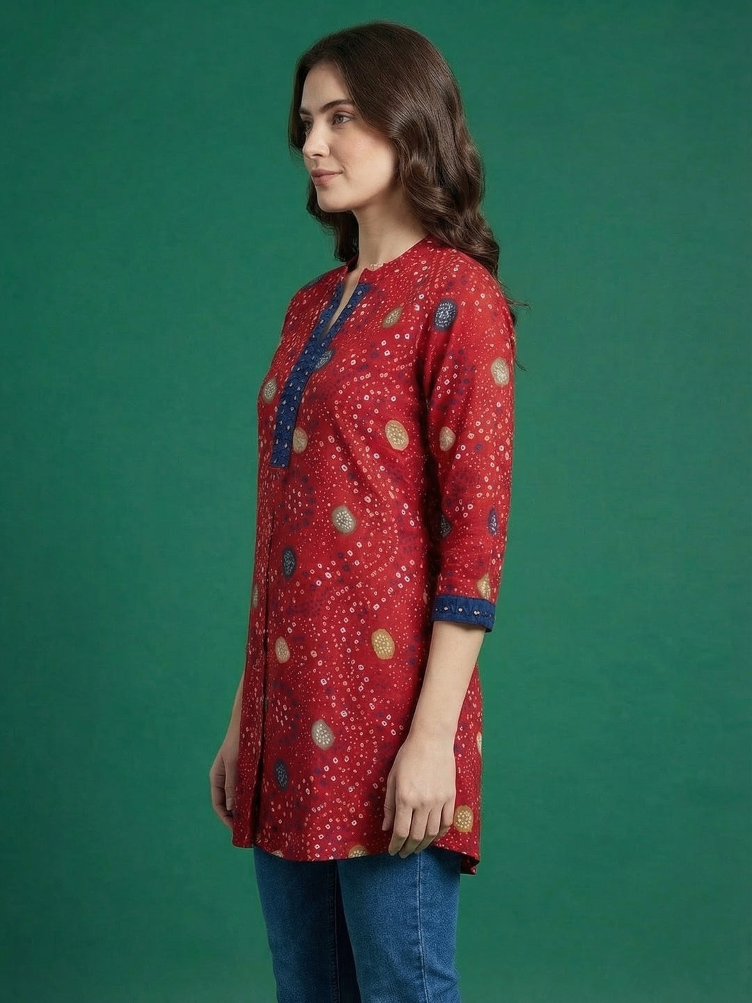 Red Bandhani Printed Rayon A-Line Top with Mandarin Collar - Image 2