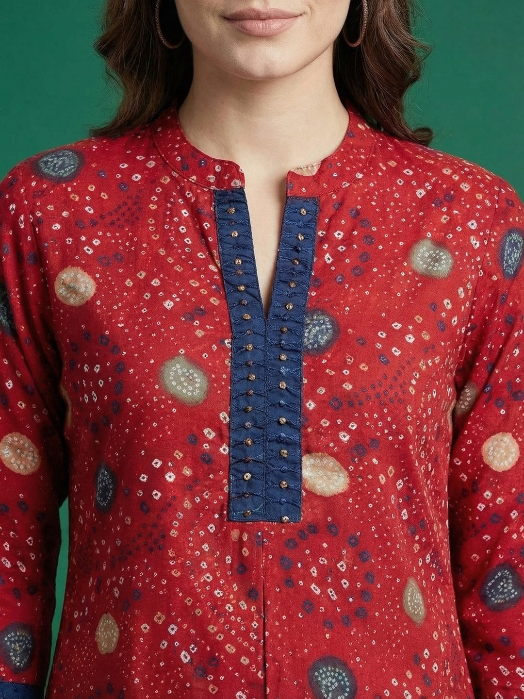 Red Bandhani Printed Rayon A-Line Top with Mandarin Collar - Image 3
