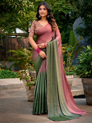 Elegant Multicolor Ombre Chiffon Saree With Latkan Tassel Pallu & Zari Work - Image 1