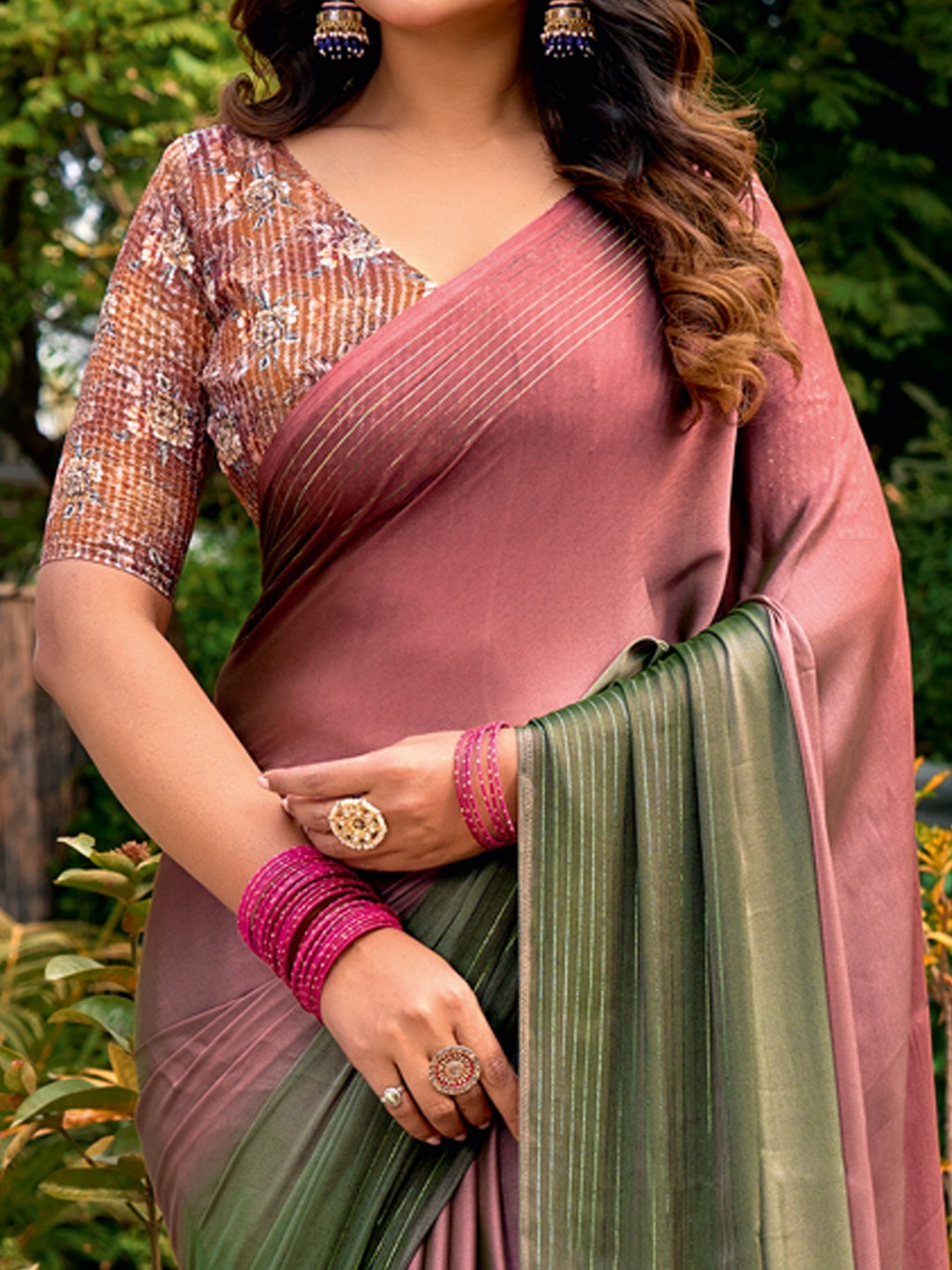 Elegant Multicolor Ombre Chiffon Saree With Latkan Tassel Pallu & Zari Work - Image 3