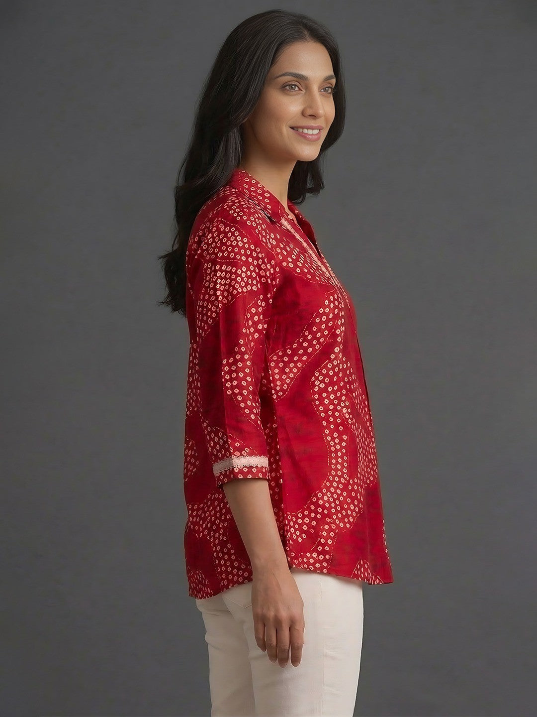 Pink Rayon Top with White Print and Silver Detailing - Image 4
