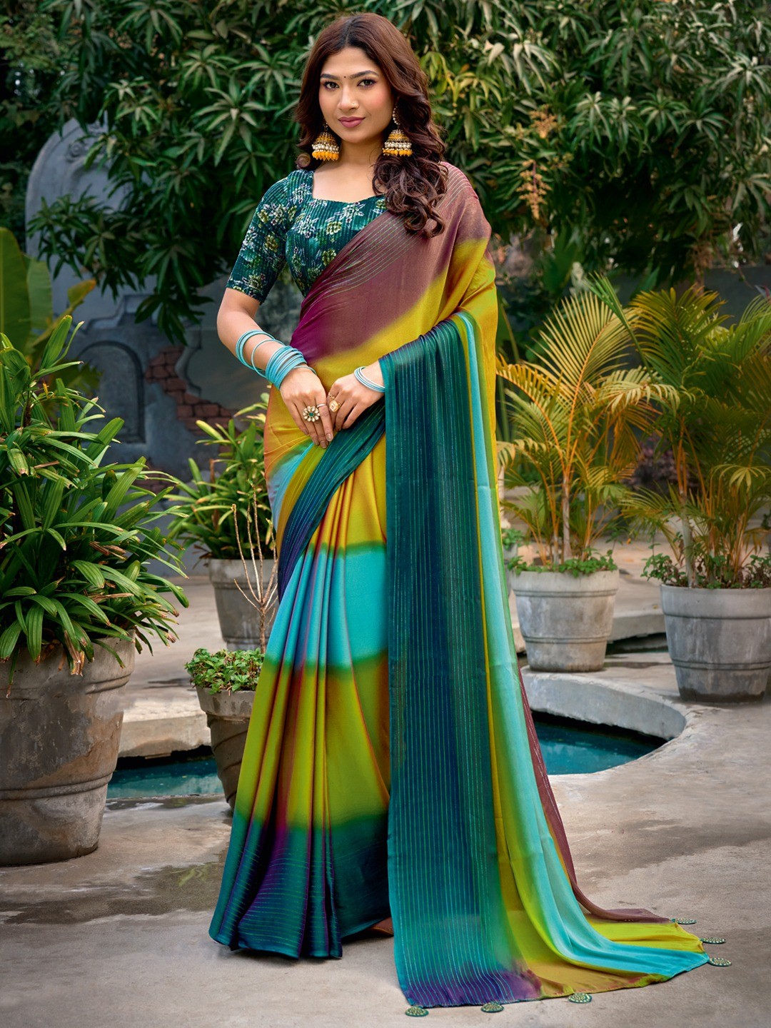 Designer Multicolor Ombre Saree Featuring Latkan Tassel Pallu With Intricate Zari Work - Image 1