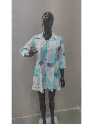 Sky Blue Abstract Print Rayon Tunic Top with Lace Detail - Image 2