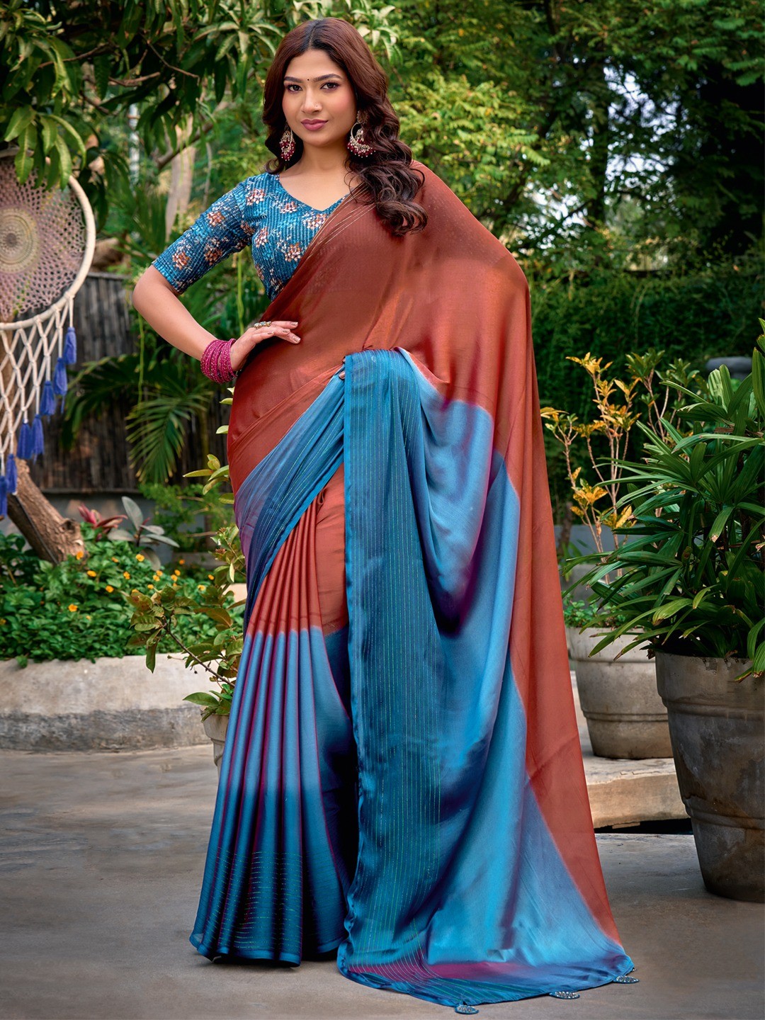 Premium Multicolor Ombre Chiffon Saree With Designer Latkan Tassel Pallu & Zari Fine Work - Image 1