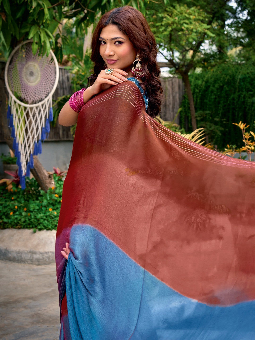 Premium Multicolor Ombre Chiffon Saree With Designer Latkan Tassel Pallu & Zari Fine Work - Image 2