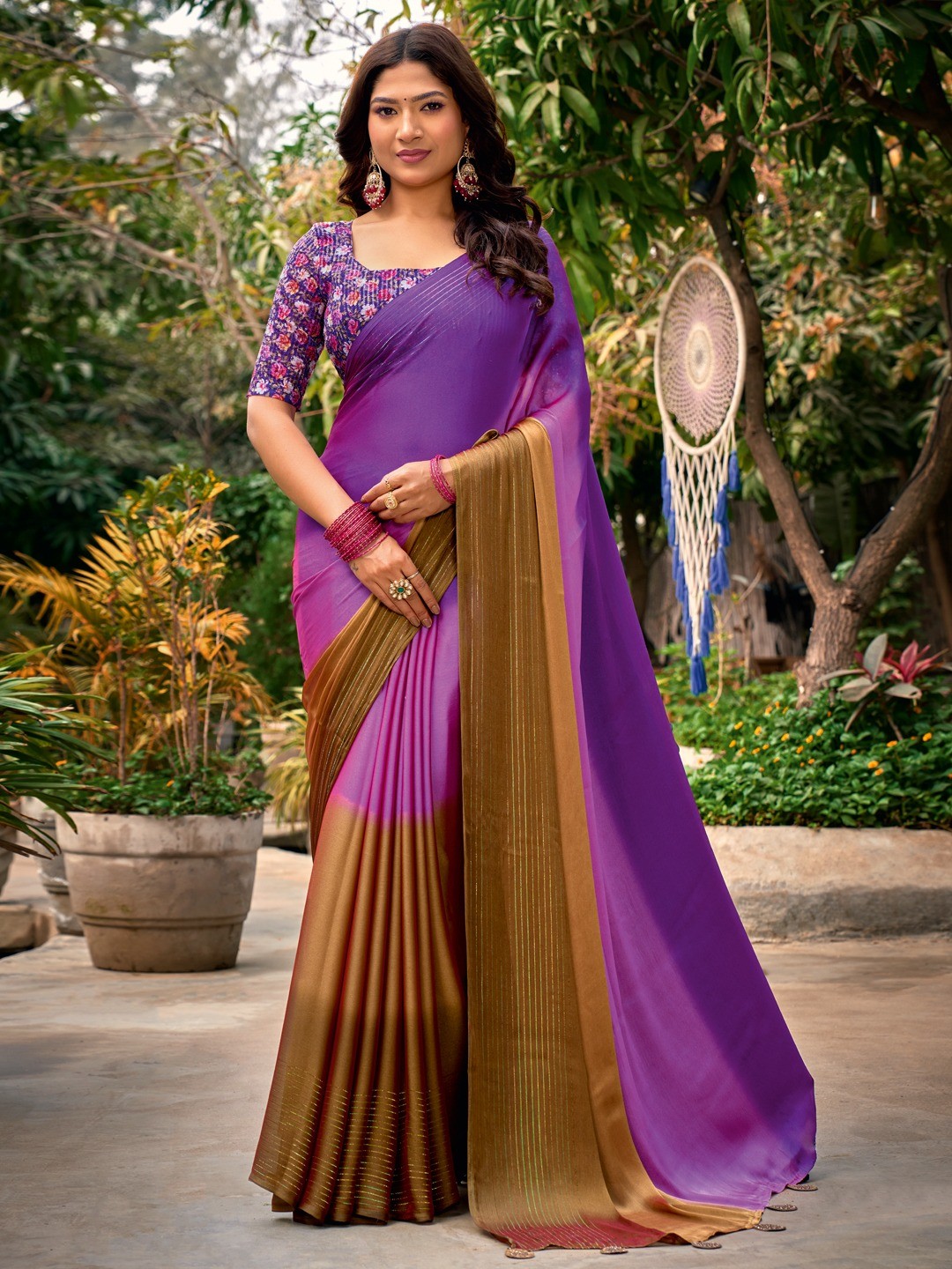 Trendy Multicolor Ombre Saree With Flowing Drape, Latkan Tassel Pallu & Zari Work - Image 1