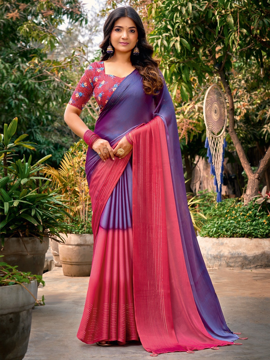 Stunning Multicolor Ombre Saree With Latkan Tassel Pallu & Zari Work - Image 1
