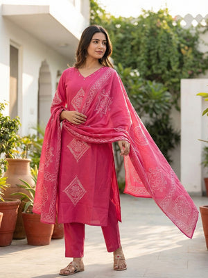 Ethnic Pink Pure Cotton Printed Kurta Salwar Suit with Stylish Dupatta - Image 1