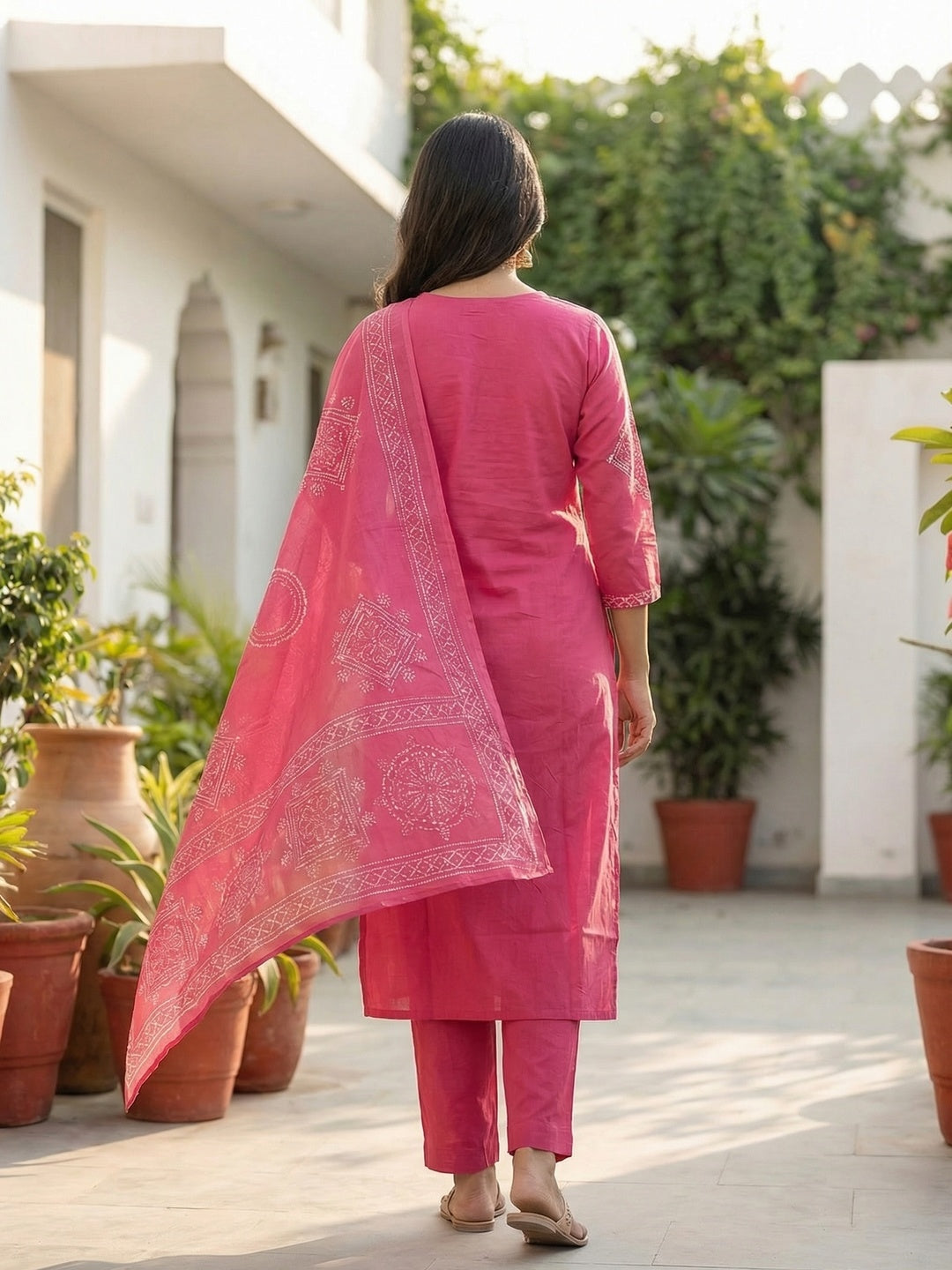 Ethnic Pink Pure Cotton Printed Kurta Salwar Suit with Stylish Dupatta - Image 3