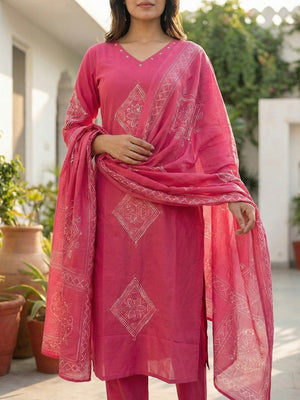Ethnic Pink Pure Cotton Printed Kurta Salwar Suit with Stylish Dupatta - Image 2