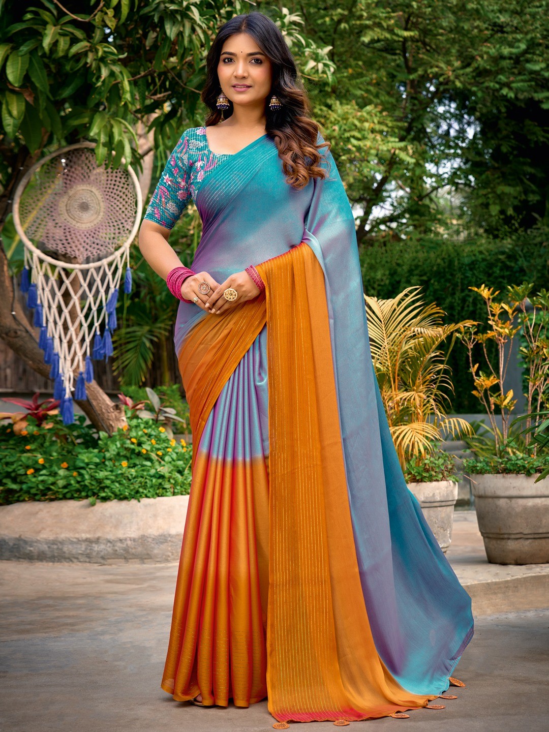 Contemporary Multicolor Ombre Chiffon Saree With Fancy Latkan Tassel Pallu & Zari Work Detailing - Image 1