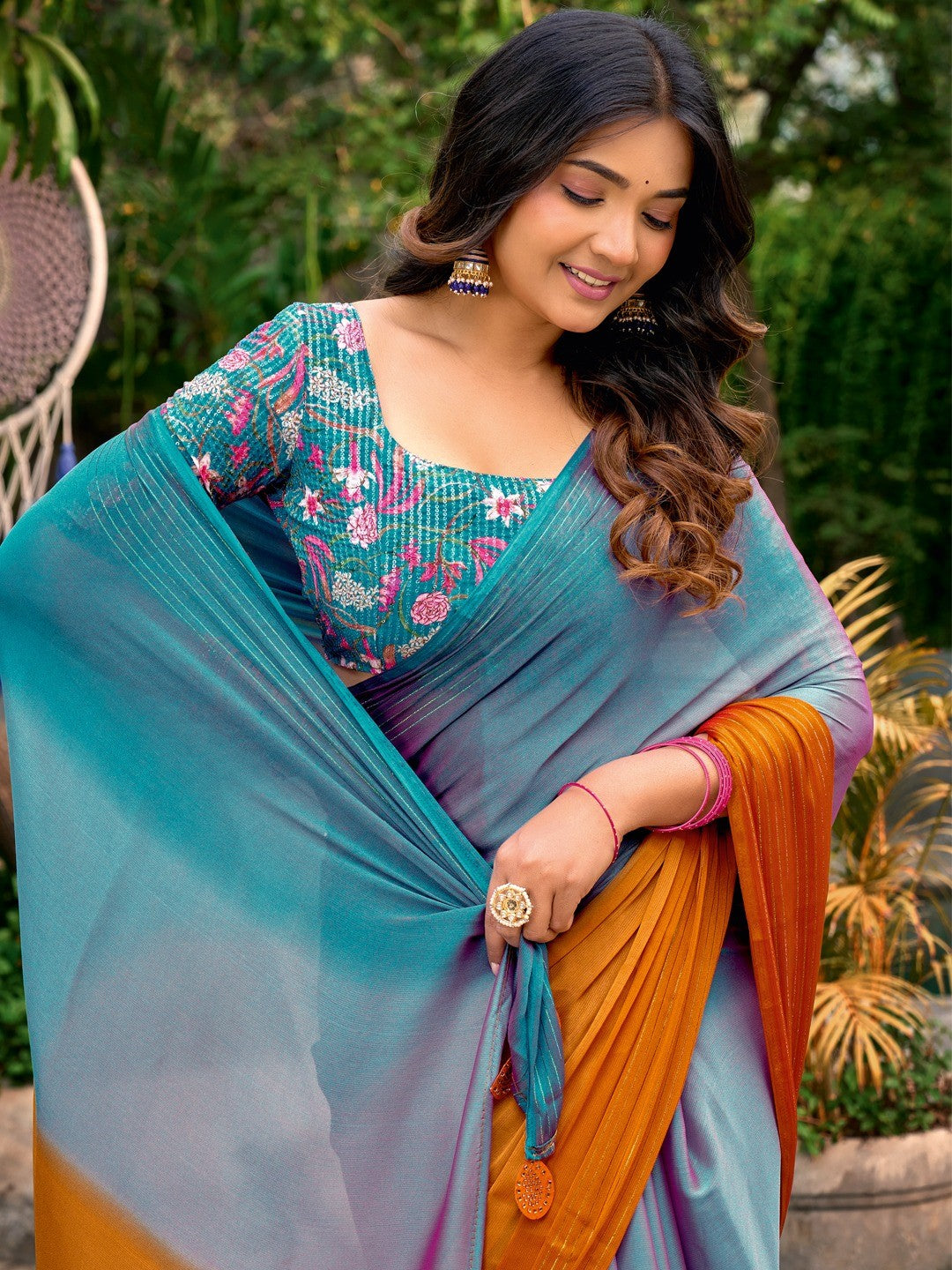 Contemporary Multicolor Ombre Chiffon Saree With Fancy Latkan Tassel Pallu & Zari Work Detailing - Image 2