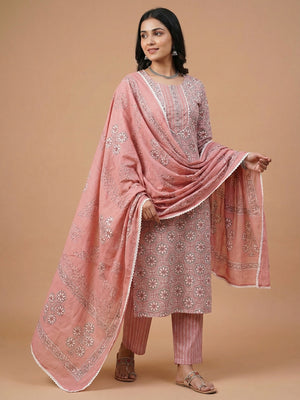Casual Wear Peach Pure Cotton Kurta and Straight Pant Set with Floral Print - Image 1