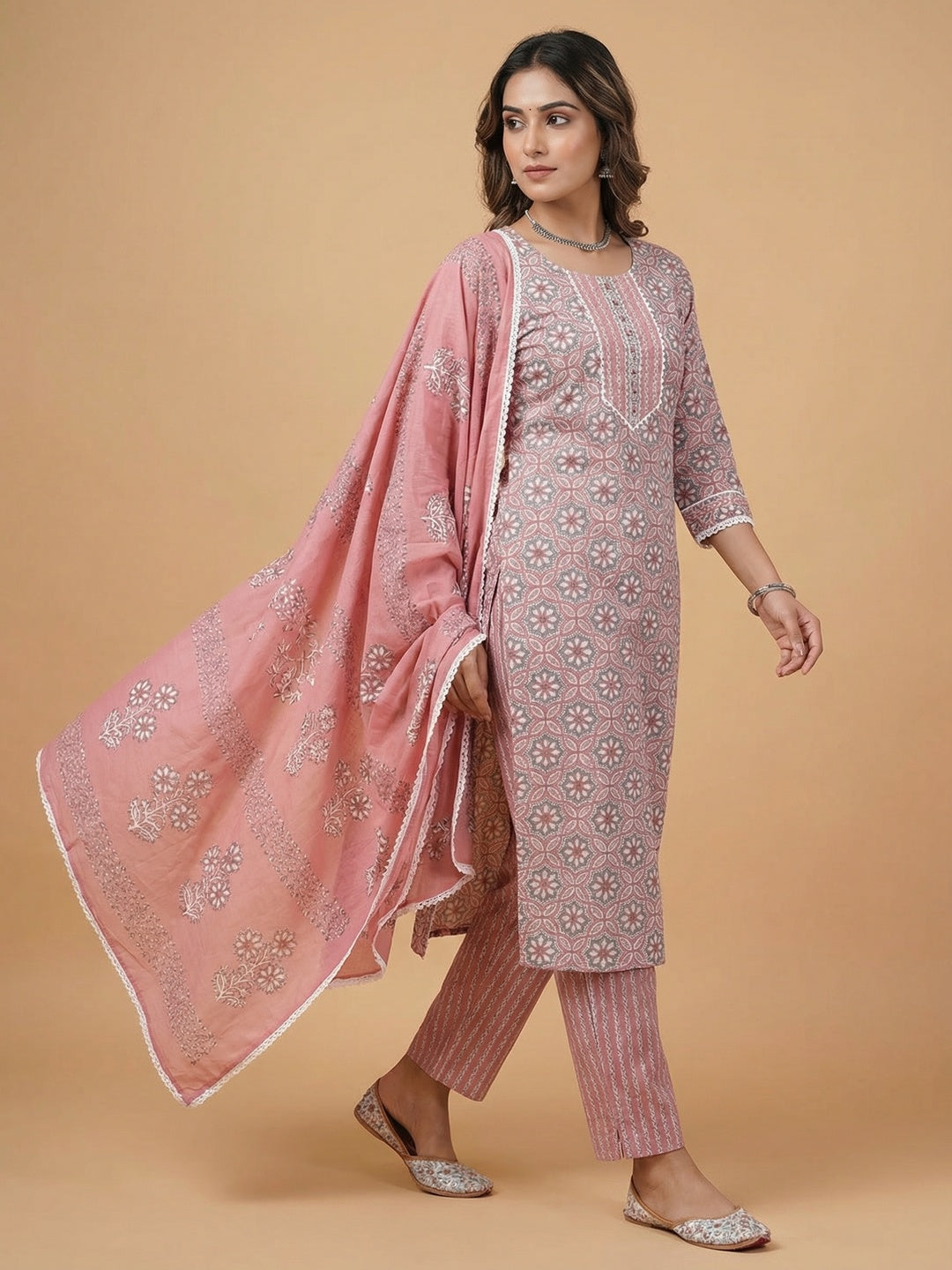 Casual Wear Peach Pure Cotton Kurta and Straight Pant Set with Floral Print - Image 3