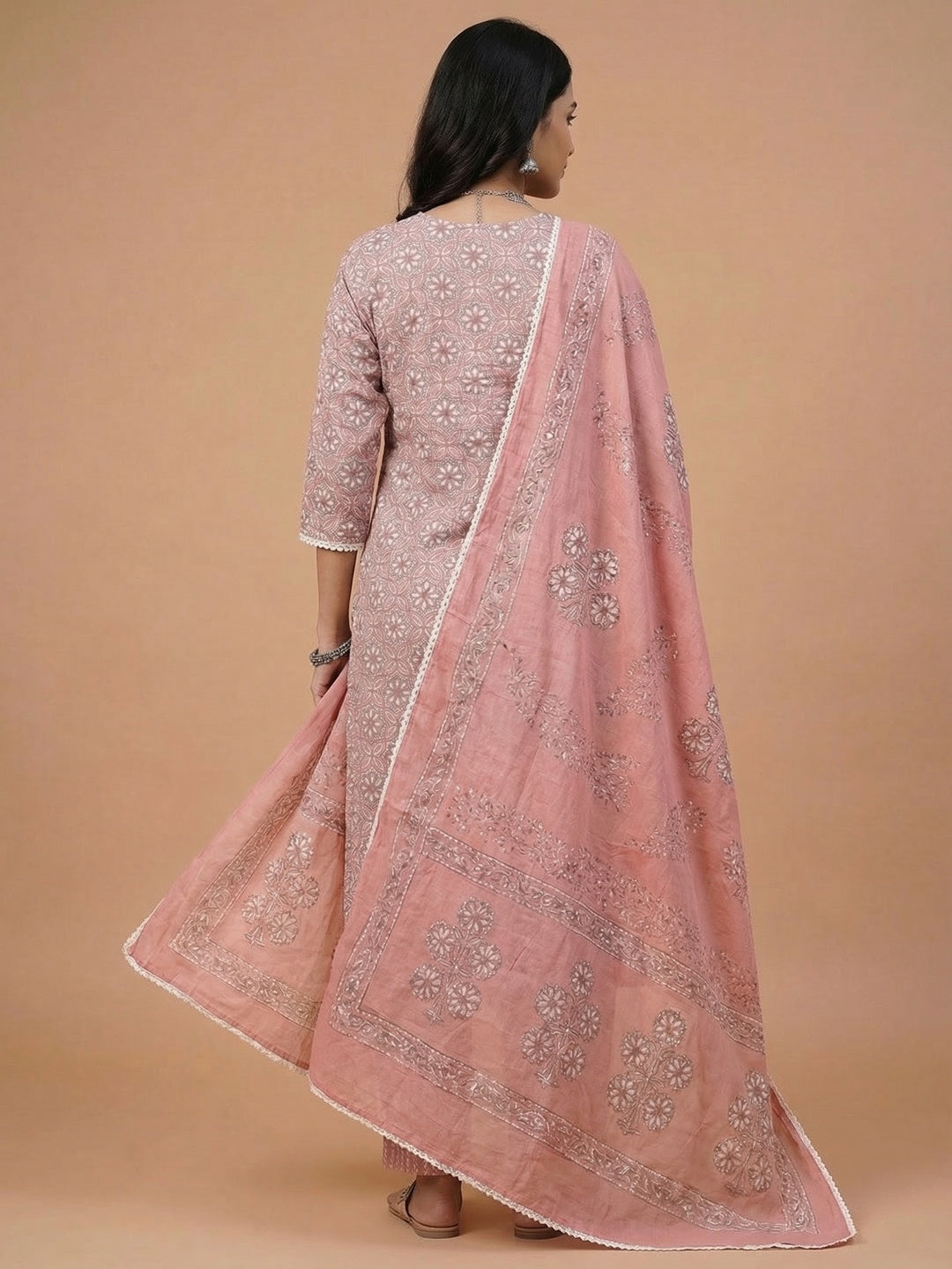 Casual Wear Peach Pure Cotton Kurta and Straight Pant Set with Floral Print - Image 2