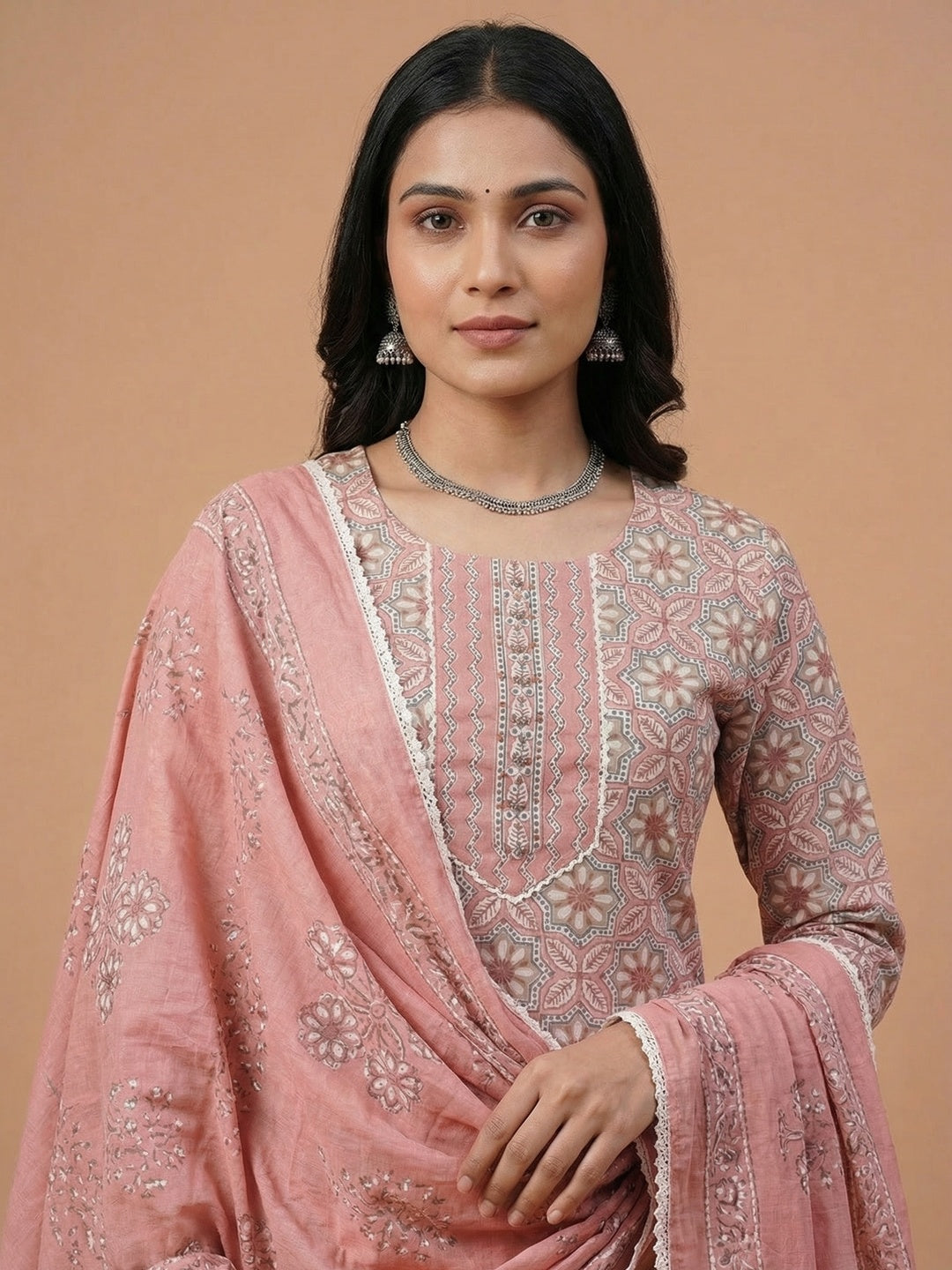Casual Wear Peach Pure Cotton Kurta and Straight Pant Set with Floral Print - Image 4