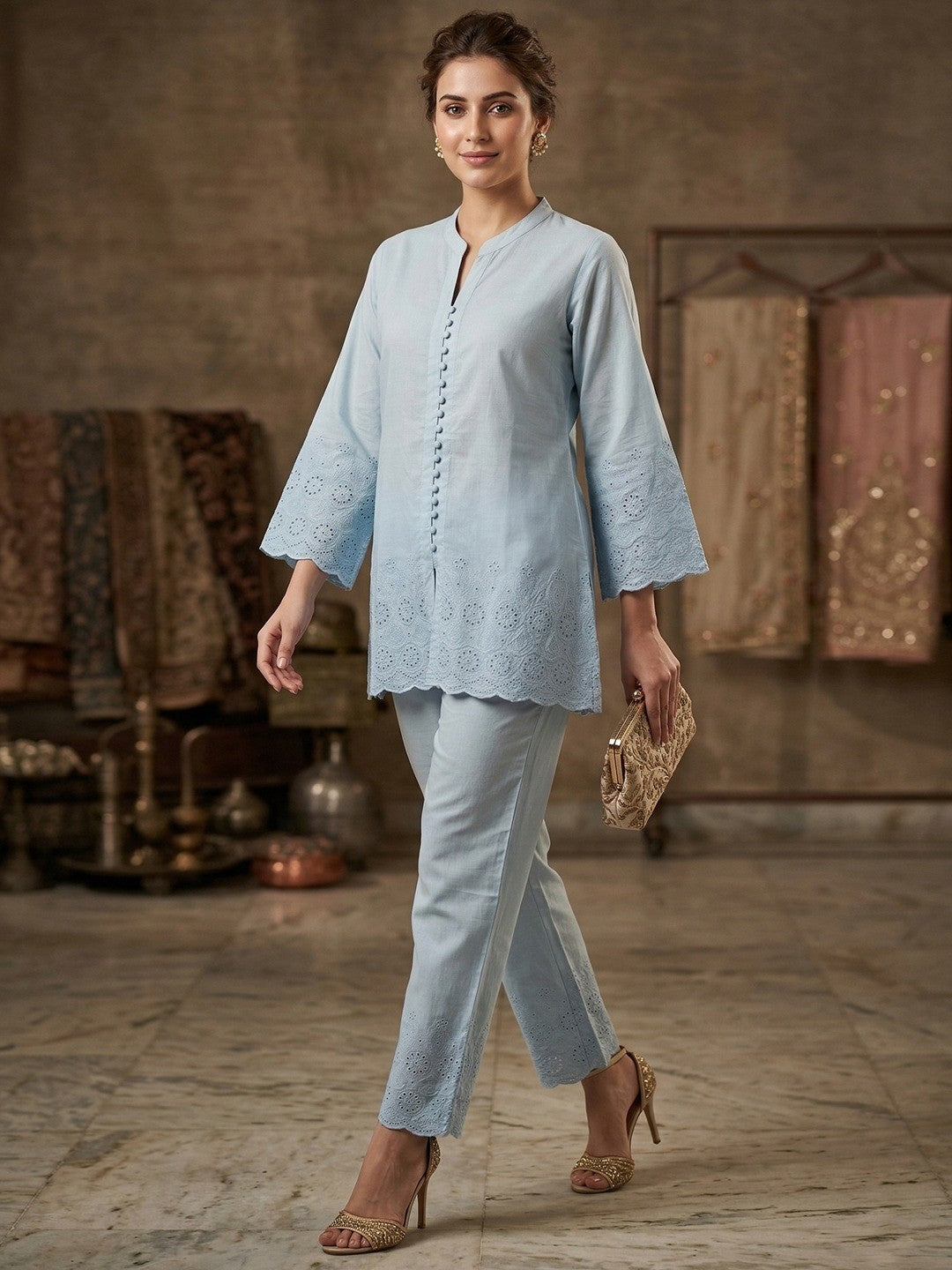 Trendy Sky Blue Pure Cotton Top and Bottom Outfit with Schiffli Pattern - Image 1